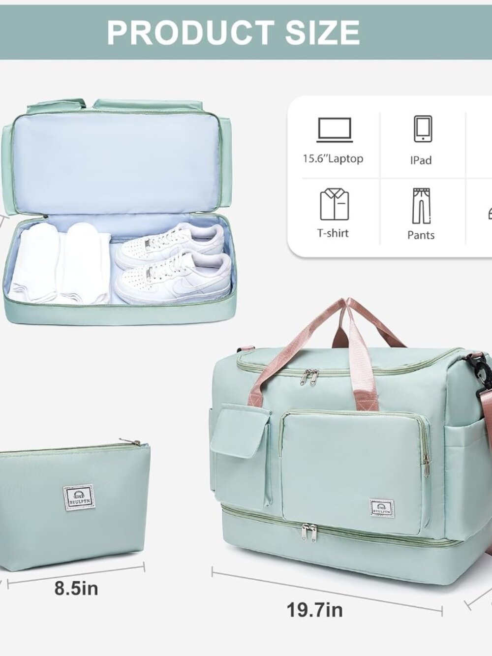 Large Travel Duffle Bag, Carry On Weekender Bag with Shoe Compartment, Gym Tote - Picture 3 of 7